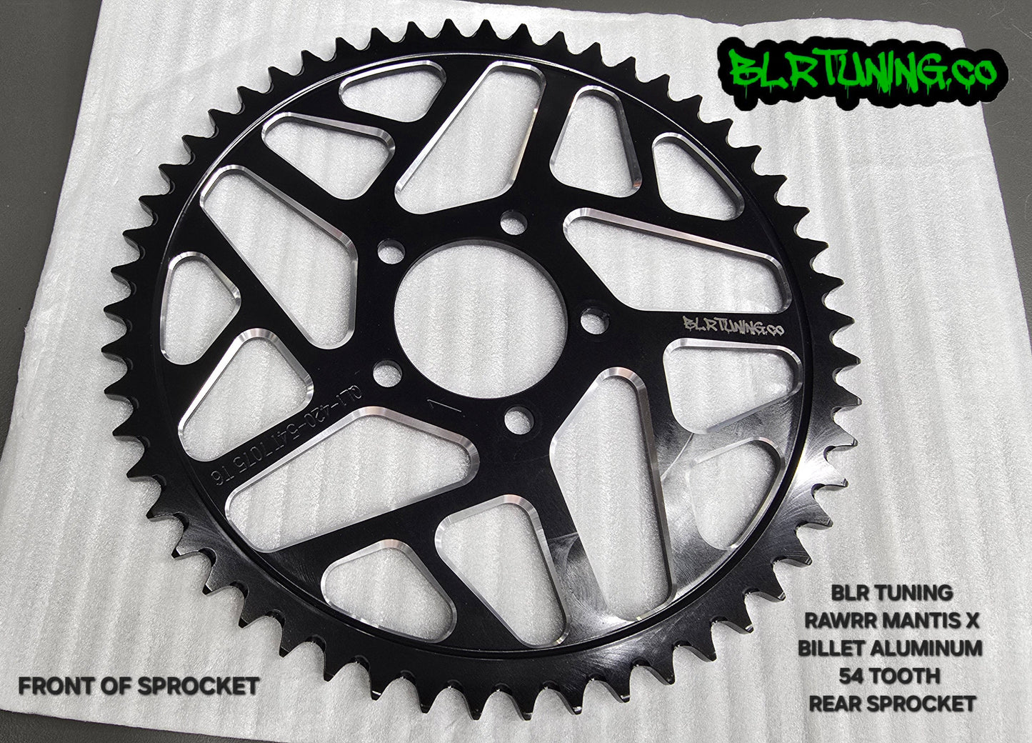 RAWRR MANTIS X 54 TOOTH REAR SPROCKET 7075 T6 ALUMINUM ANODIZED BLACK BY BLR TUNING