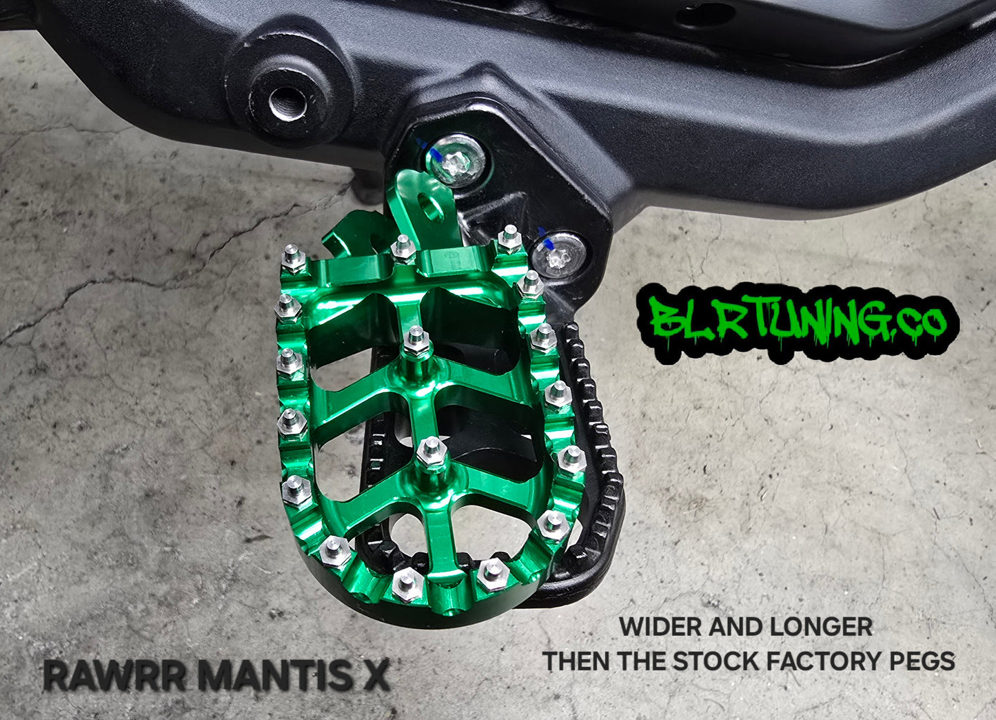 FOOT PEGS FOR RAWRR MANTIS X AND MANTIS X PRO BILLET ALUMINUM WITH STAINLESS STEEL TEETH BY BLR TUNING