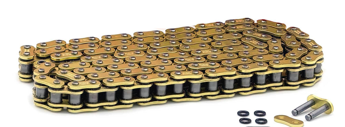 Gold 428MX O-ring chain with connector hardware on white background
